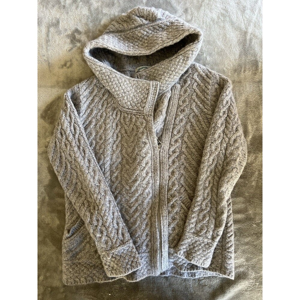 Vintage 90s Arancrafts Shawl Hoodie Size M Cableknit Fisherman Asymmetrical Grey
